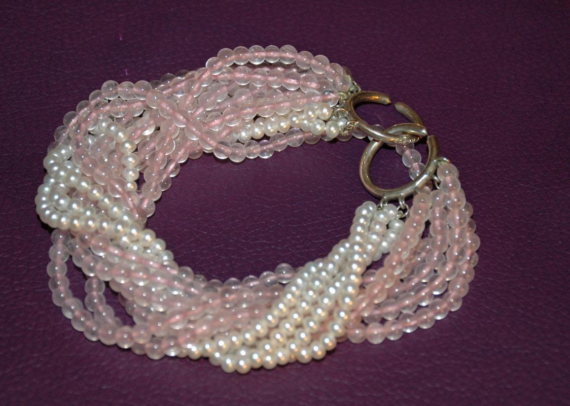 PALOMA PICASSO TIFFANY BRACELET Sterling Rose Quartz and White Pearls Multiple Strand