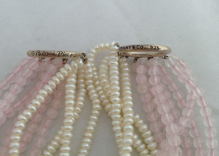 PALOMA PICASSO TIFFANY BRACELET Sterling Rose Quartz and White Pearls Multiple Strand