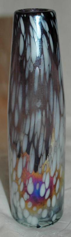 Hand blown glass vase , purple with iridescent white spots