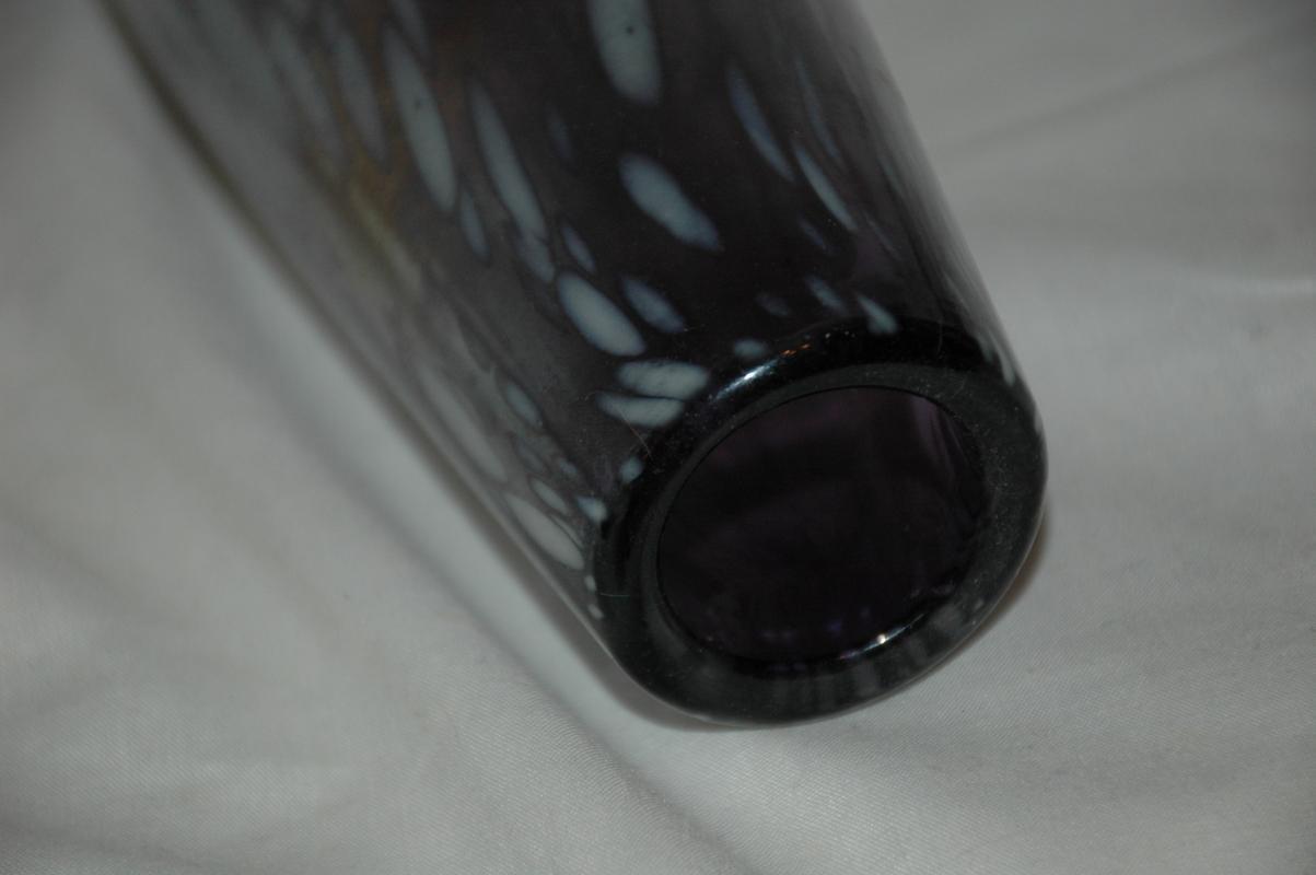 Hand blown glass vase , purple with iridescent white spots