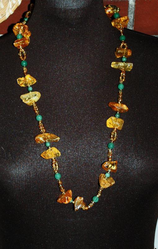 Raw Chunky Amber Jadeite and Aventurine Stone Necklace, Hand Crafted