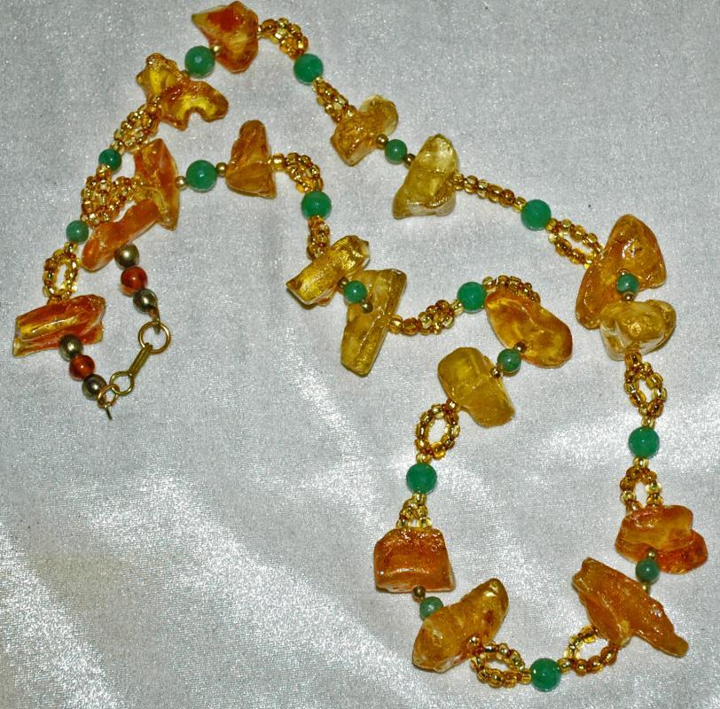 Raw Chunky Amber Jadeite and Aventurine Stone Necklace, Hand Crafted