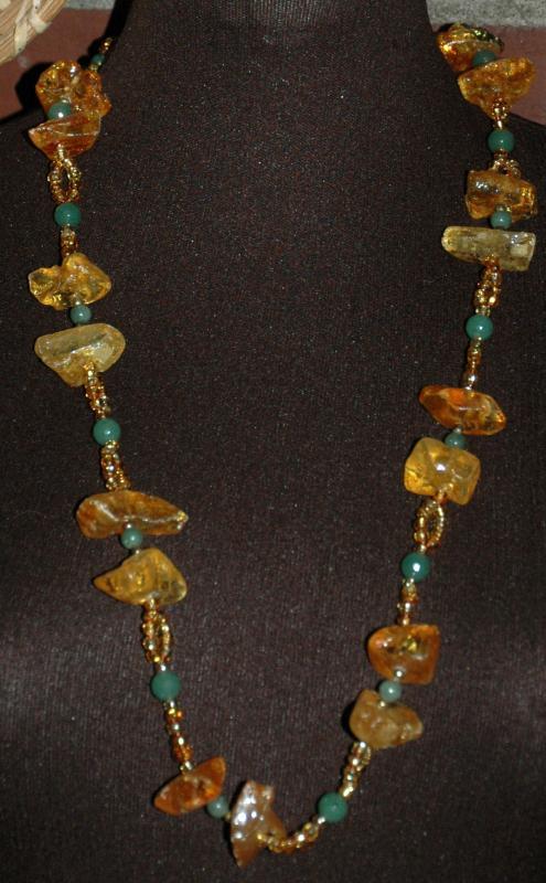 Raw Chunky Amber Jadeite and Aventurine Stone Necklace, Hand Crafted