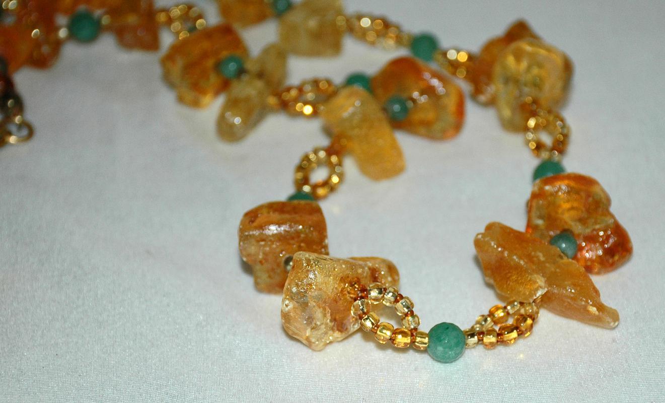 Raw Chunky Amber Jadeite and Aventurine Stone Necklace, Hand Crafted