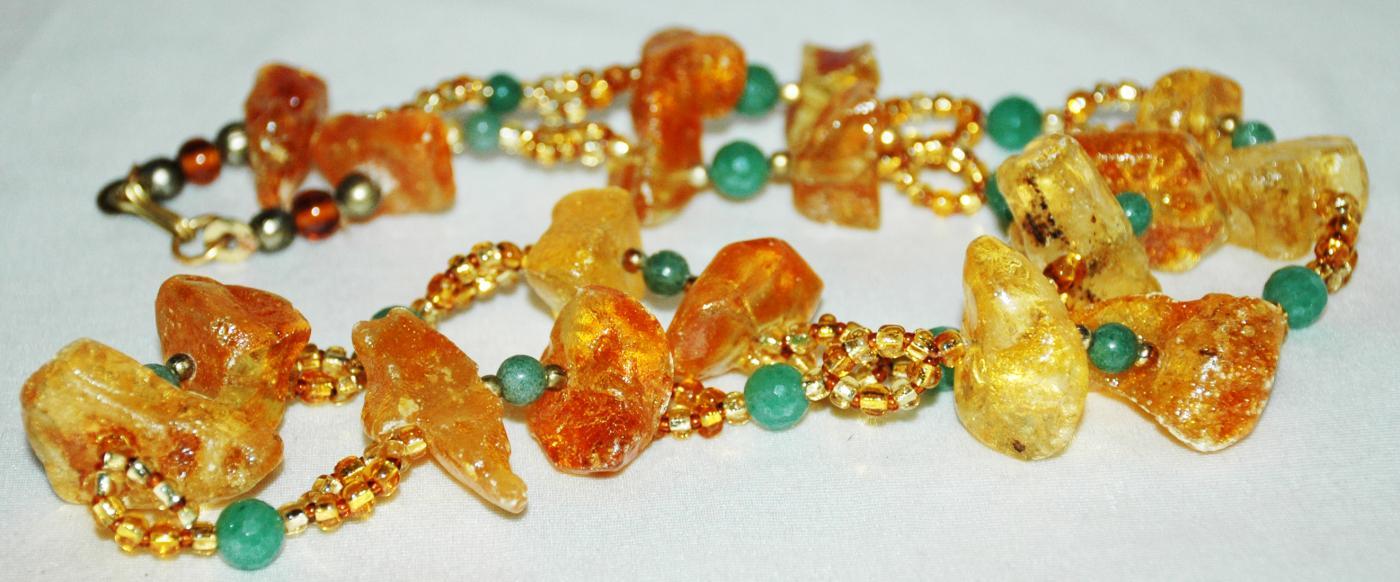 Raw Chunky Amber Jadeite and Aventurine Stone Necklace, Hand Crafted