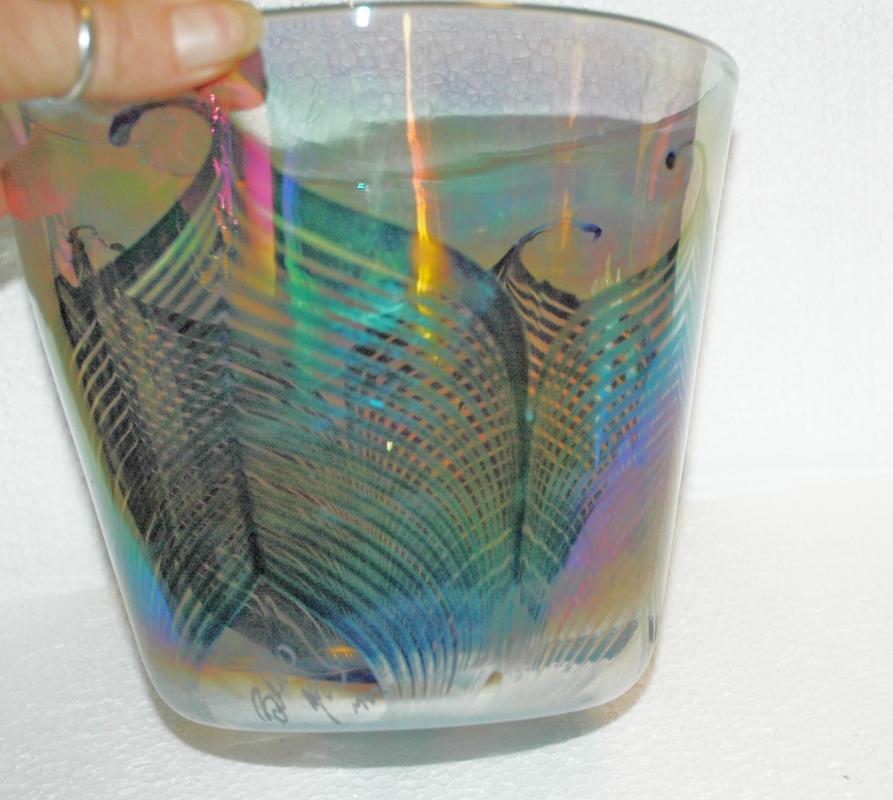 IRIDESCENT PULLED FEATHER GLASS ICE BUCKET BOWL, SIGNED DATED 1982 AND NUMBERED BLOWN ART GLASS