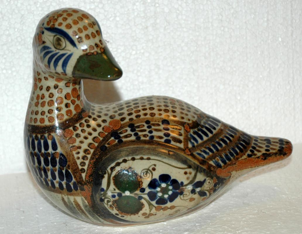 Large Hand-Painted Mexican Pottery Duck with turned head