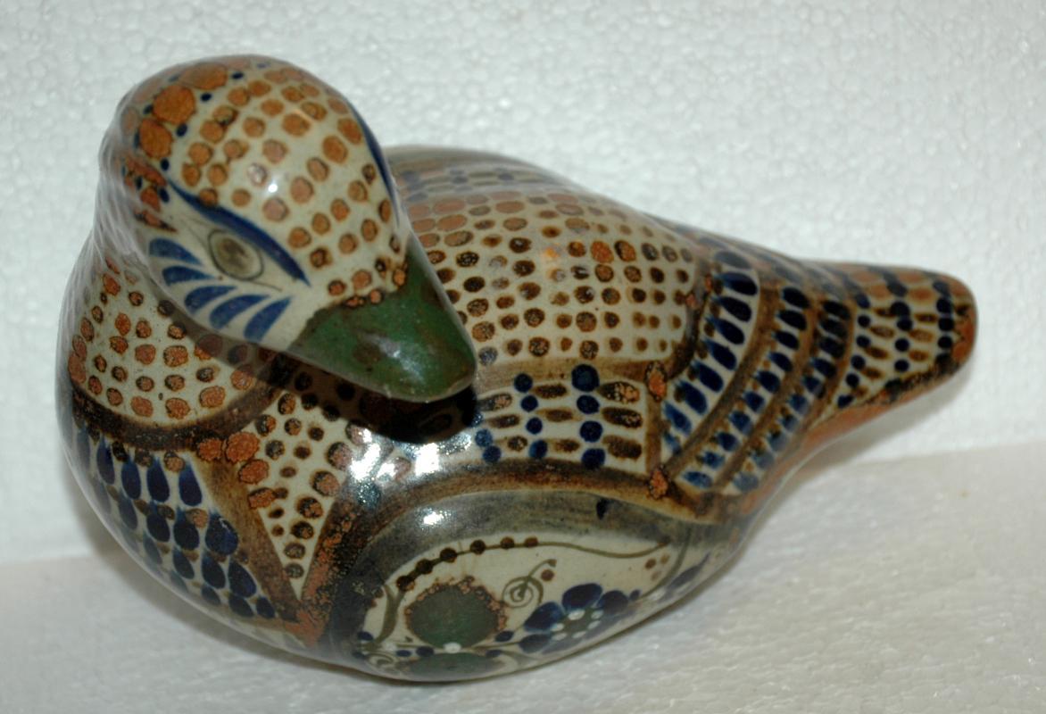 Large Hand-Painted Mexican Pottery Duck with turned head