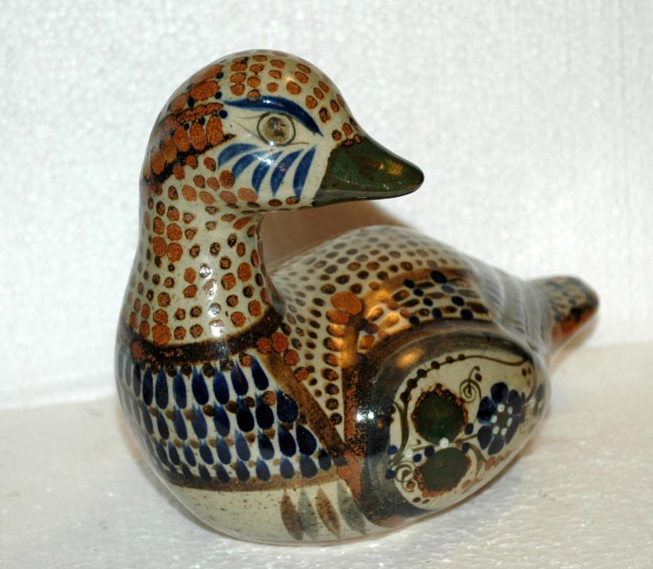 Large Hand-Painted Mexican Pottery Duck with turned head