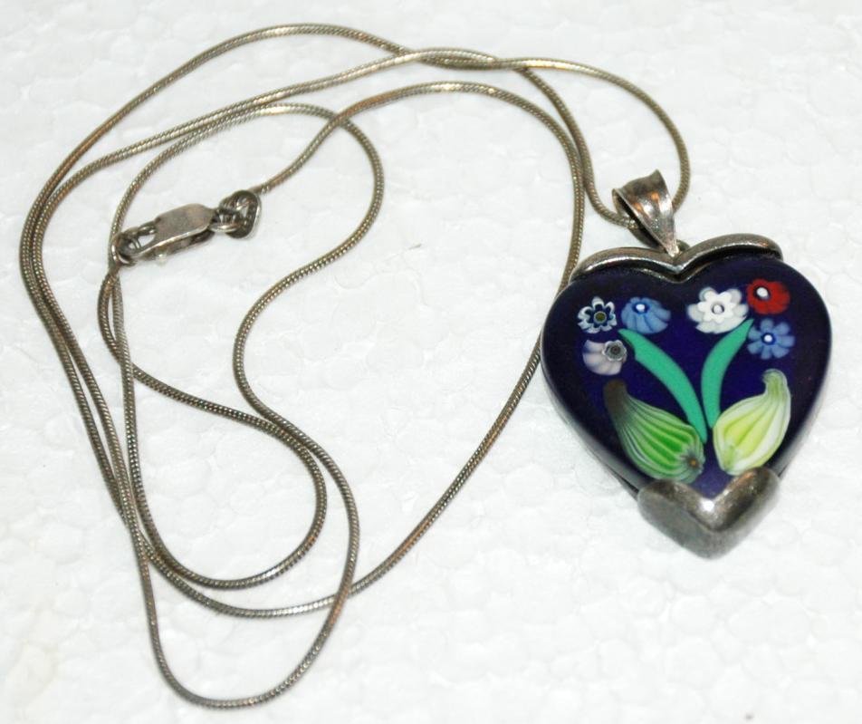 Blue Heart with flowers Millefiori tm Sterling Silver Pendant necklace on long sterling chain.