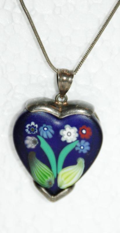 Blue Heart with flowers Millefiori tm Sterling Silver Pendant necklace on long sterling chain.