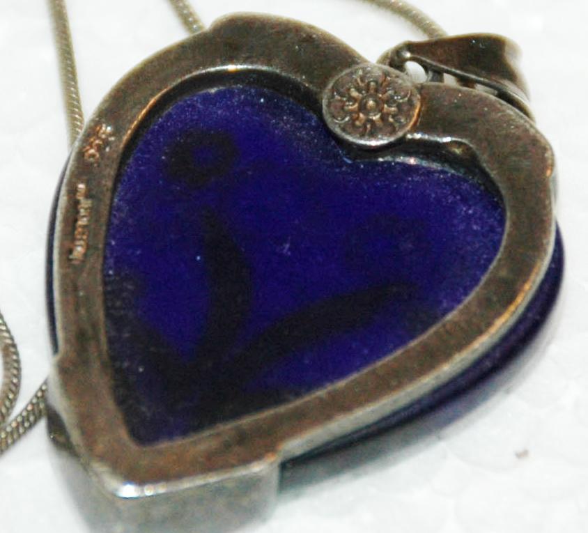 Blue Heart with flowers Millefiori tm Sterling Silver Pendant necklace on long sterling chain.