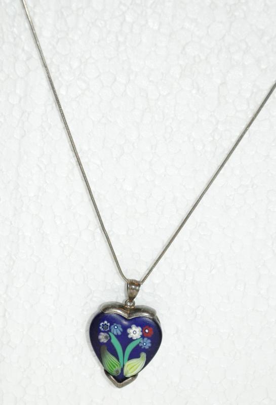 Blue Heart with flowers Millefiori tm Sterling Silver Pendant necklace on long sterling chain.