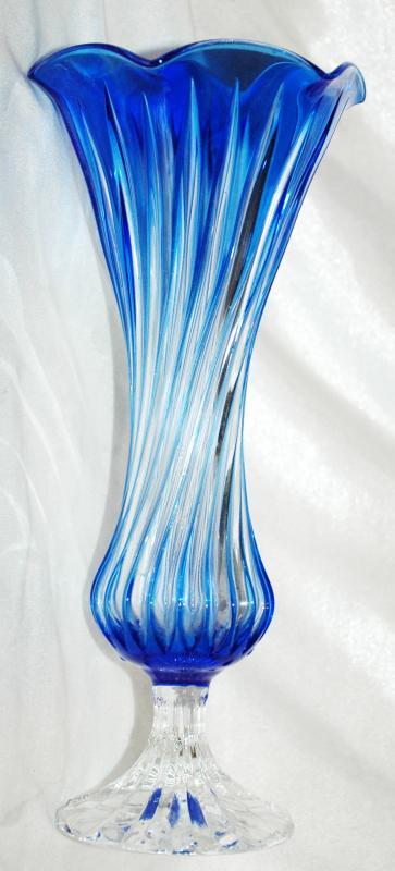 Blue Cut to Clear Twisted Footed Glass Ruffle Vase