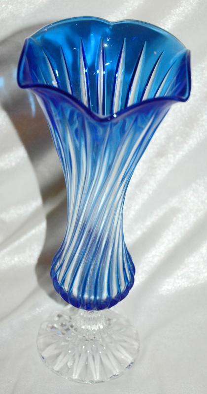 Blue Cut to Clear Twisted Footed Glass Ruffle Vase
