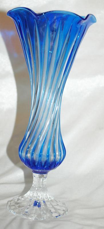 Blue Cut to Clear Twisted Footed Glass Ruffle Vase