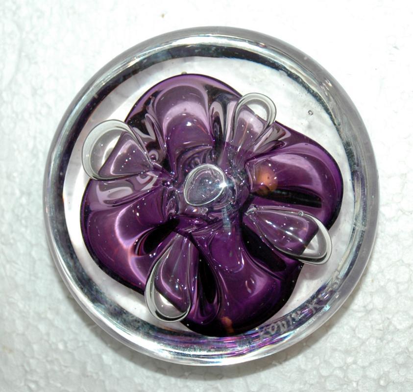 Rollin Karg Disc Paperweight, Art Glass Purple with controlled bubble, signed