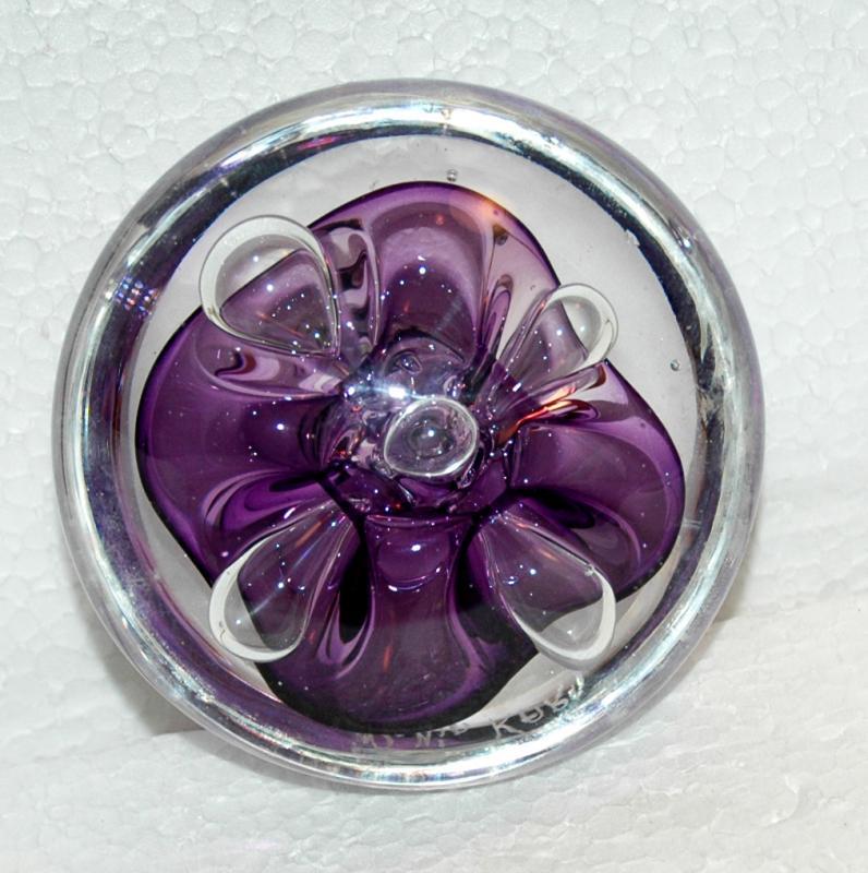 Rollin Karg Disc Paperweight, Art Glass Purple with controlled bubble, signed