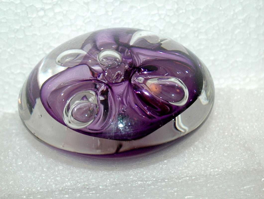 Rollin Karg Disc Paperweight, Art Glass Purple with controlled bubble, signed
