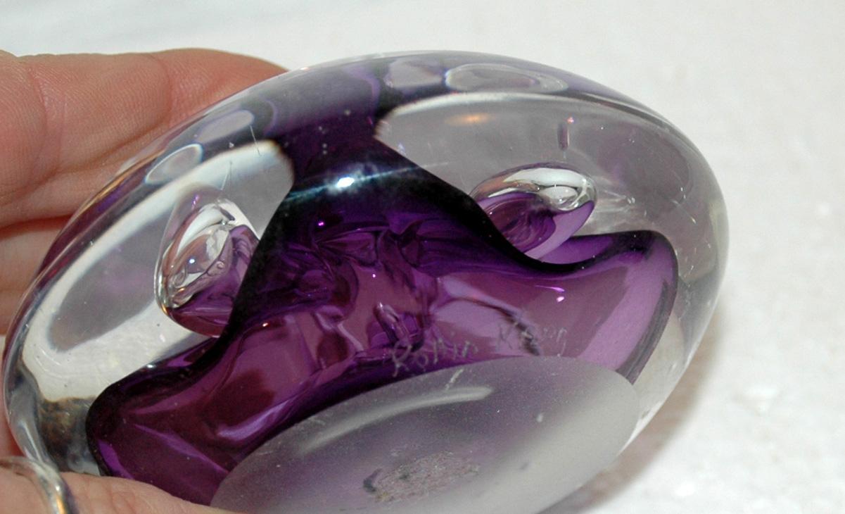 Rollin Karg Disc Paperweight, Art Glass Purple with controlled bubble, signed