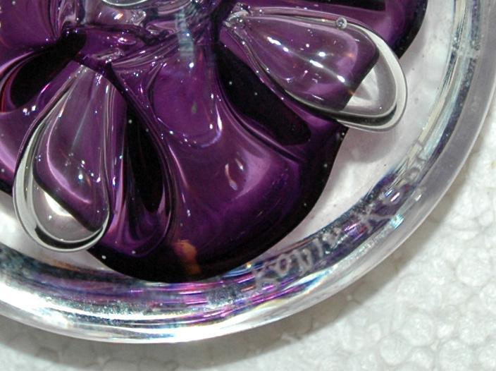 Rollin Karg Disc Paperweight, Art Glass Purple with controlled bubble, signed