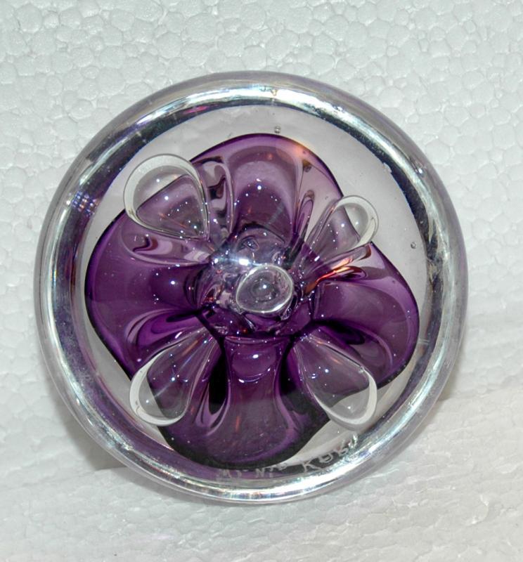 Rollin Karg Disc Paperweight, Art Glass Purple with controlled bubble, signed