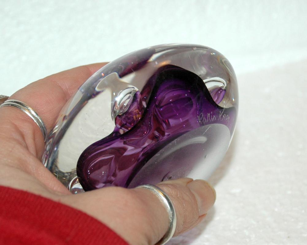 Rollin Karg Disc Paperweight, Art Glass Purple with controlled bubble, signed