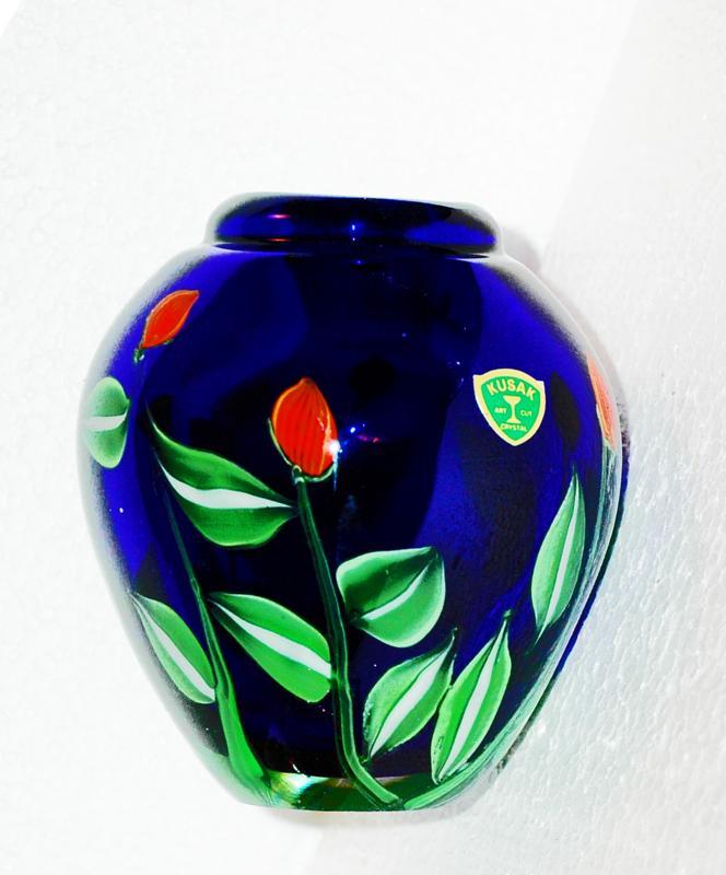 Kusak Art Cryrstal Vase Cobalt Blue with Cased Flowers Signed / Seattle Washington