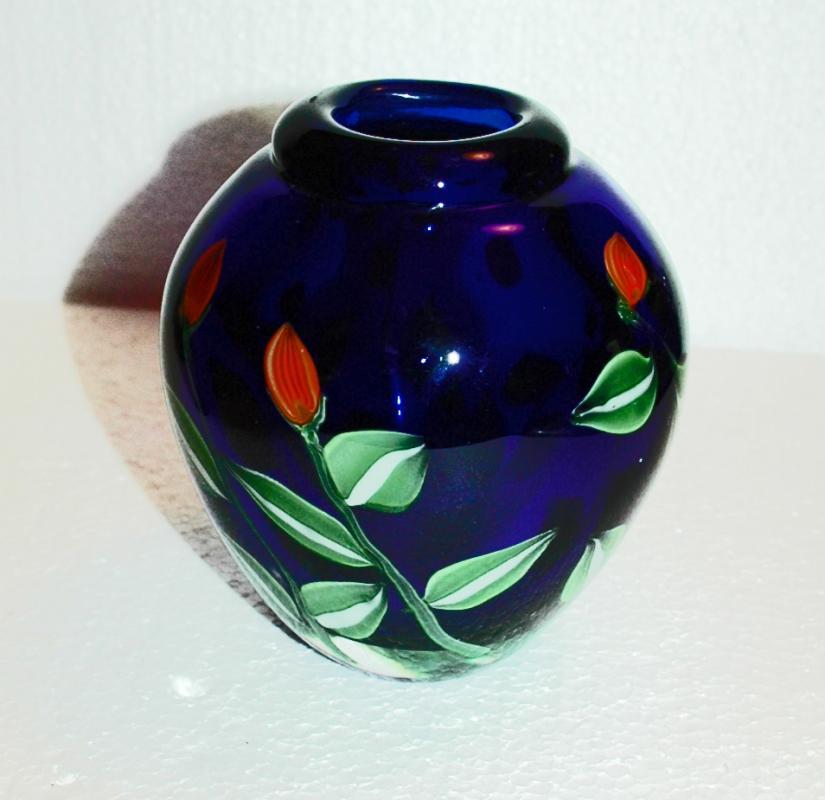 Kusak Art Cryrstal Vase Cobalt Blue with Cased Flowers Signed / Seattle Washington