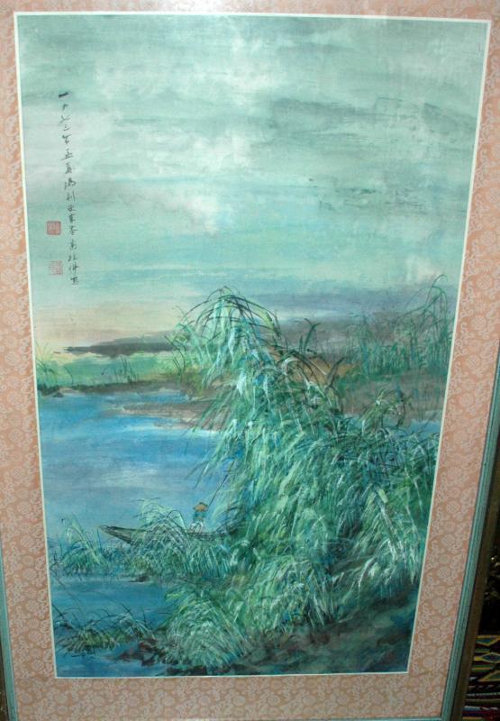 Chinese Watercolor Painting, bamboo grove, fisherman with calligraphy, signed
