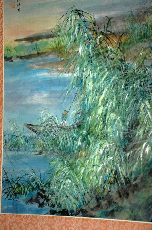 Chinese Watercolor Painting, bamboo grove, fisherman with calligraphy, signed