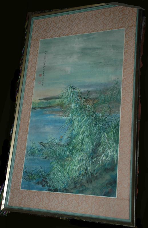Chinese Watercolor Painting, bamboo grove, fisherman with calligraphy, signed