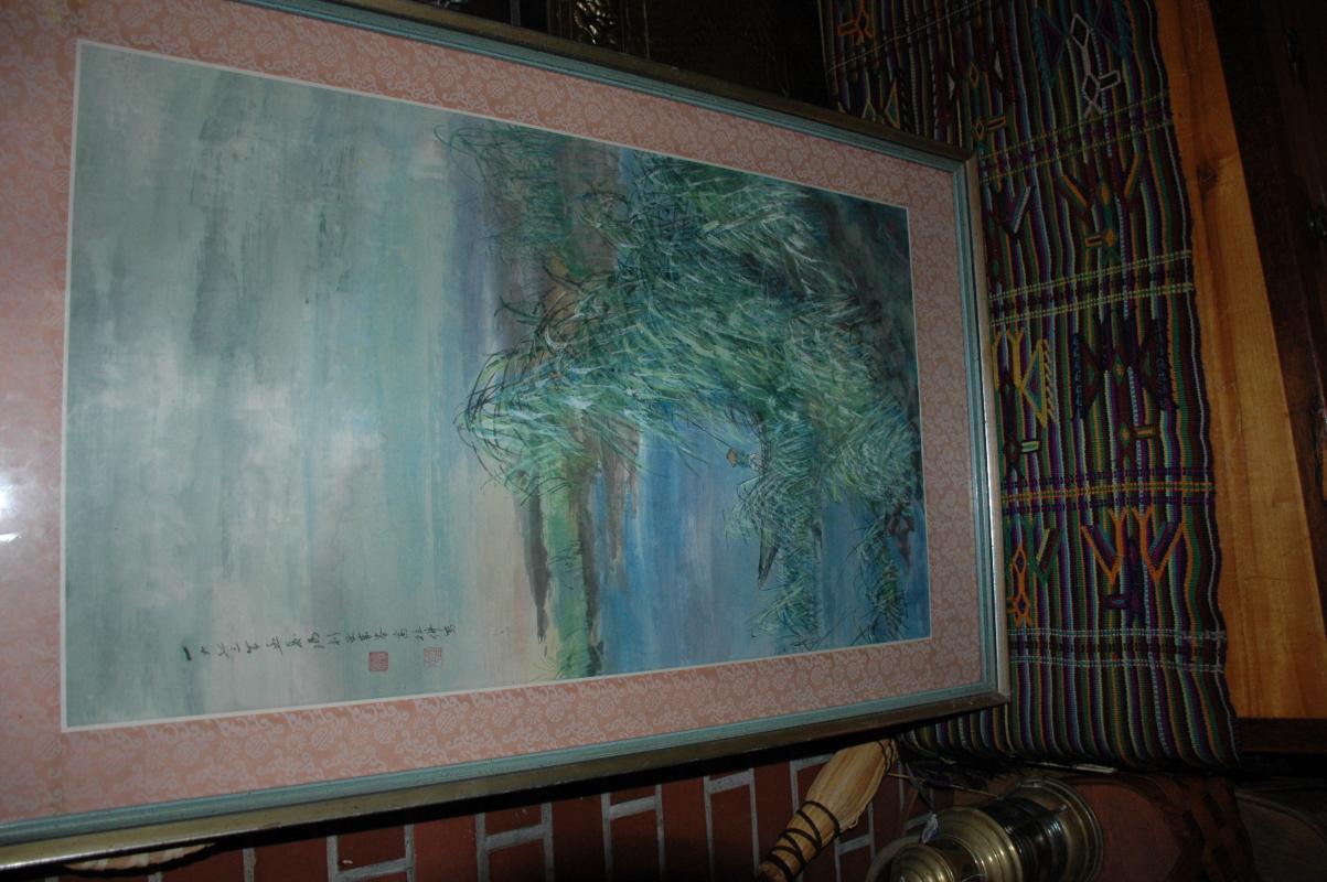 Chinese Watercolor Painting, bamboo grove, fisherman with calligraphy, signed