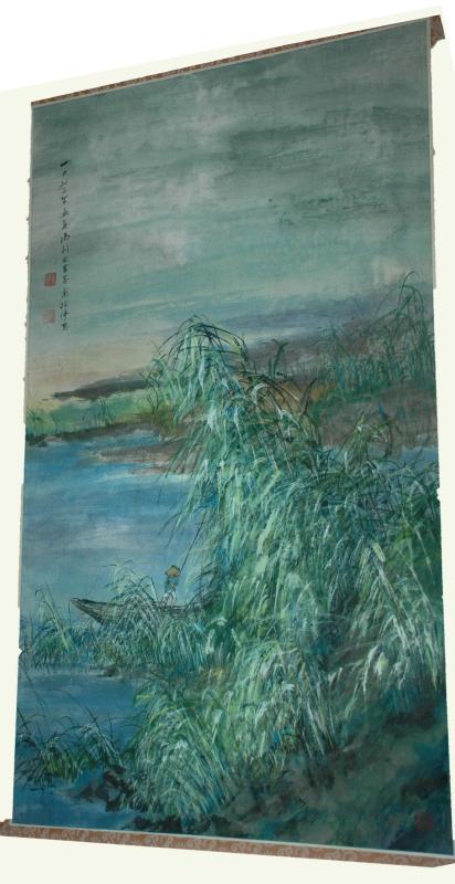 Chinese Watercolor Painting, bamboo grove, fisherman with calligraphy, signed