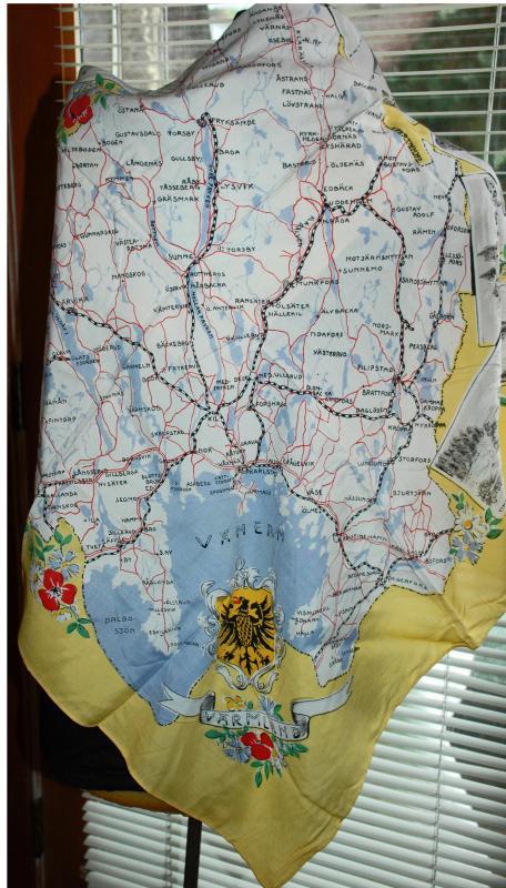 Swedish Road Map & Coat of Arms Silk Scarf mid century Varmland Tourist Souvenir