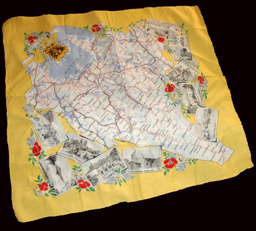 Swedish Road Map & Coat of Arms Silk Scarf mid century Varmland Tourist Souvenir