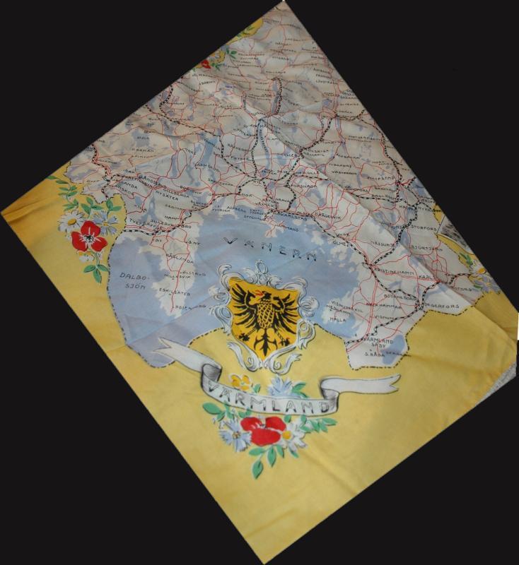 Swedish Road Map & Coat of Arms Silk Scarf mid century Varmland Tourist Souvenir