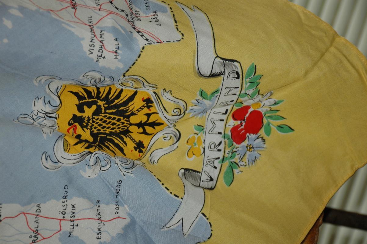 Swedish Road Map & Coat of Arms Silk Scarf mid century Varmland Tourist Souvenir
