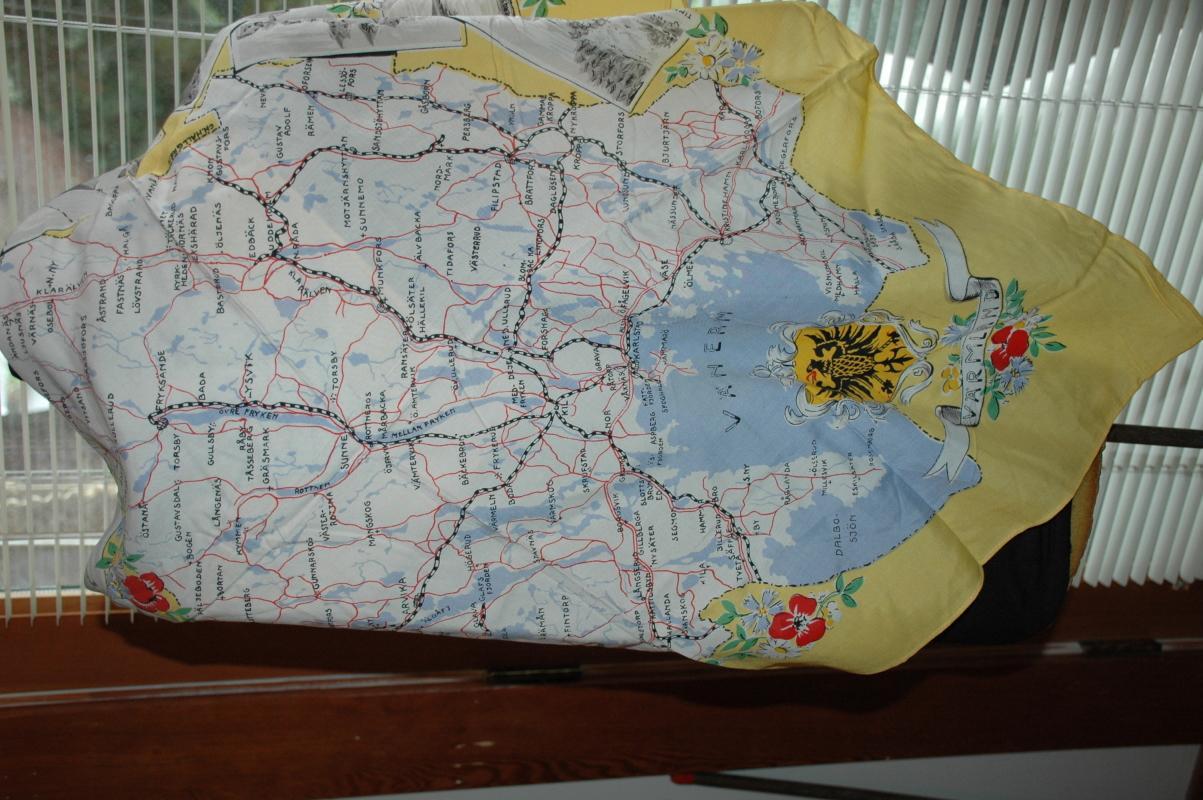 Swedish Road Map & Coat of Arms Silk Scarf mid century Varmland Tourist Souvenir