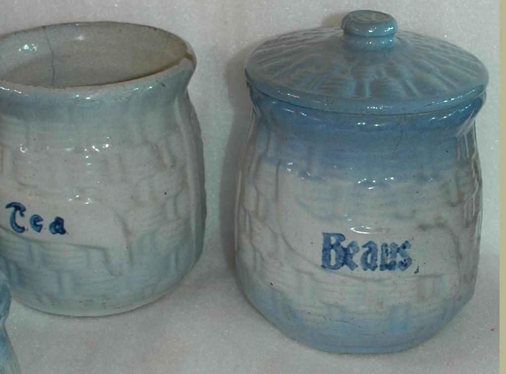 Antique Blue White Basket Weave Morning Glory Stoneware Salt Glaze Kitchen Spice Jars & Cannister Set RARE 13 pc