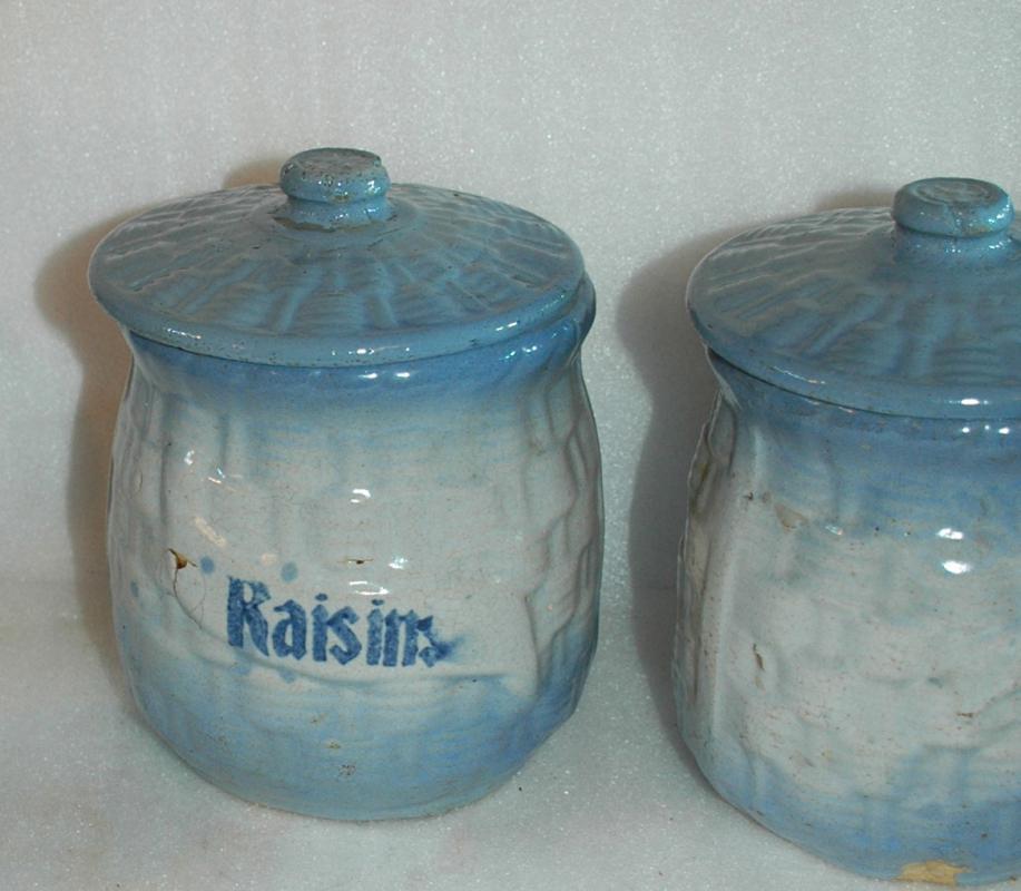 Antique Blue White Basket Weave Morning Glory Stoneware Salt Glaze Kitchen Spice Jars & Cannister Set RARE 13 pc