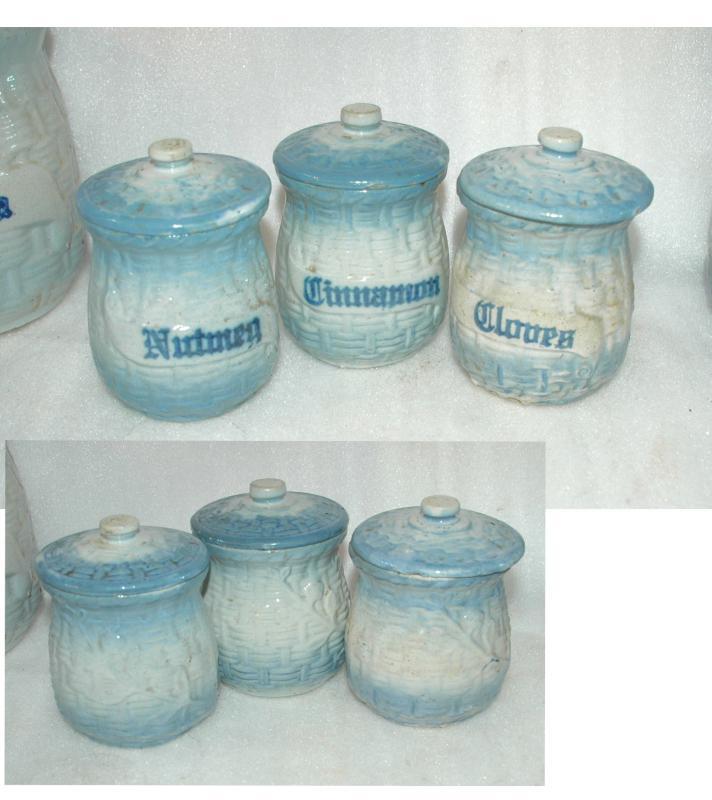 Antique Blue White Basket Weave Morning Glory Stoneware Salt Glaze Kitchen Spice Jars & Cannister Set RARE 13 pc