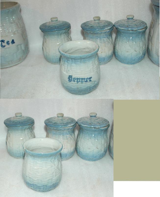Antique Blue White Basket Weave Morning Glory Stoneware Salt Glaze Kitchen Spice Jars & Cannister Set RARE 13 pc