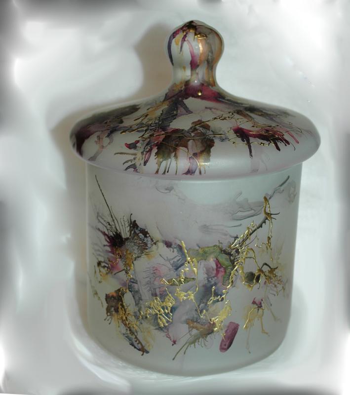 Romanian Art Glass Large Frosted Satin Glass Storage Jar with Splatter Design from Romania