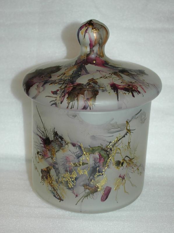 Romanian Art Glass Large Frosted Satin Glass Storage Jar with Splatter Design from Romania