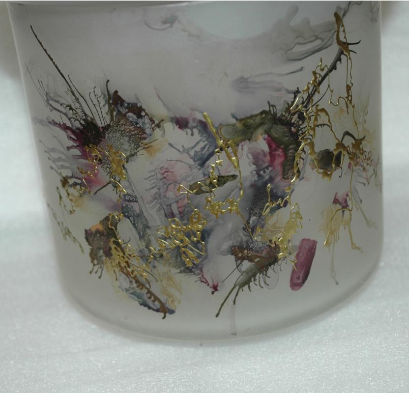 Romanian Art Glass Large Frosted Satin Glass Storage Jar with Splatter Design from Romania