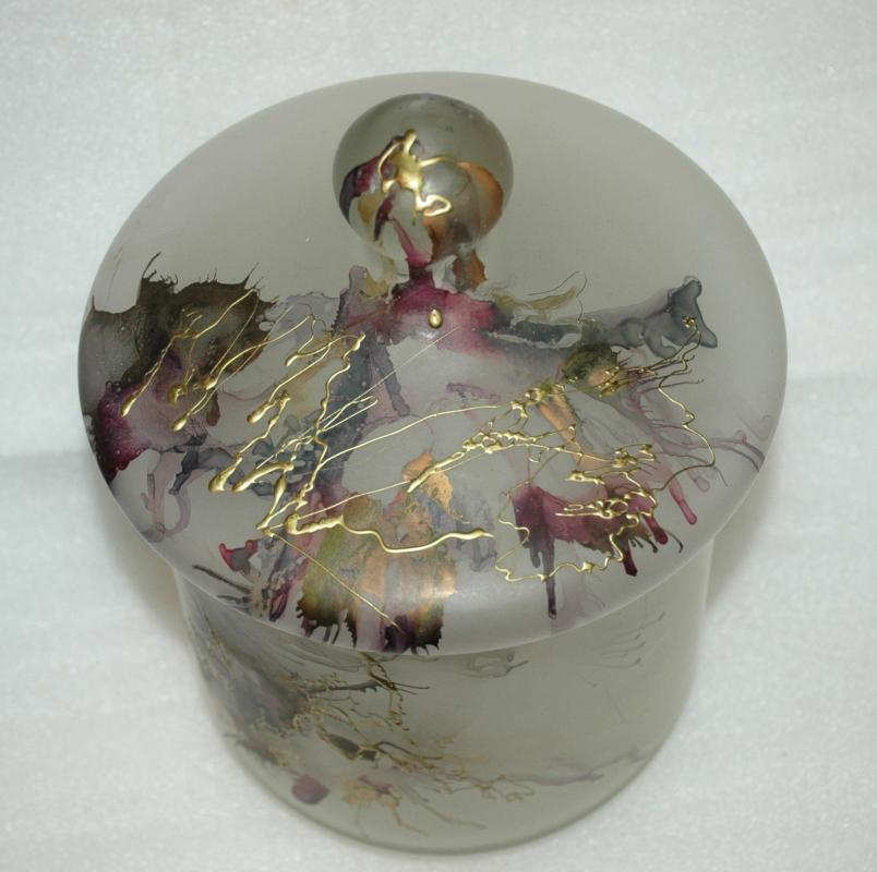 Romanian Art Glass Large Frosted Satin Glass Storage Jar with Splatter Design from Romania