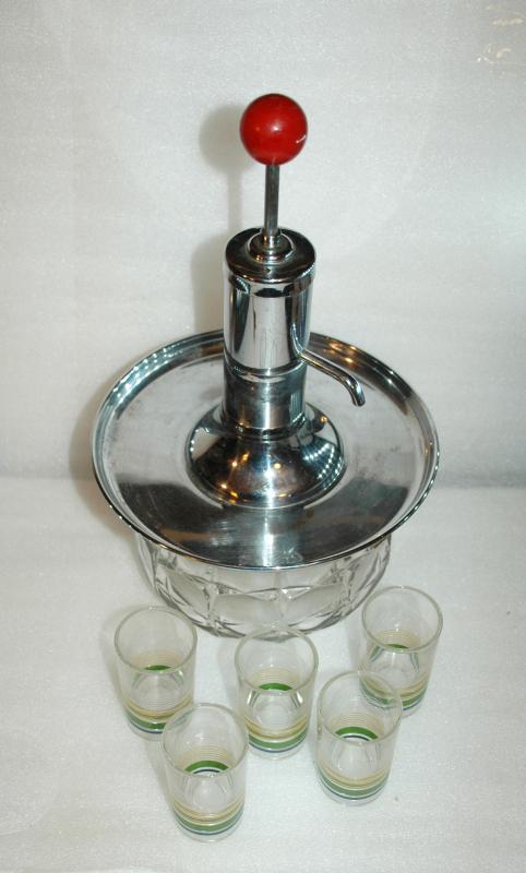 Vintage Park Sherman Merry Go Round Revolving Pump Liquor Dispenser Decanter with 5 Shot Glasses.