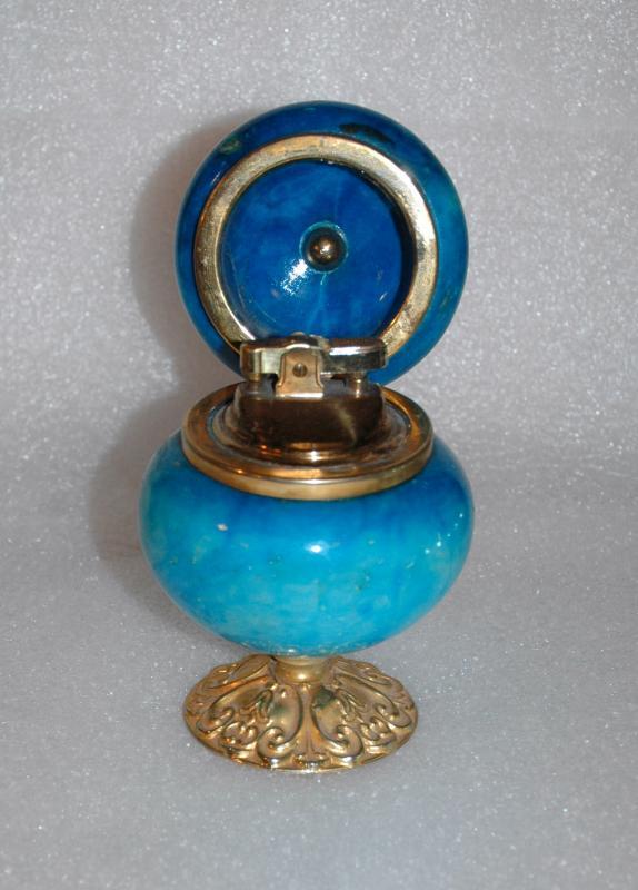 VINTAGE GENUINE ALABASTER Blue Dyed HAND CARVED TABLE LIGHTER MADE IN ITALY