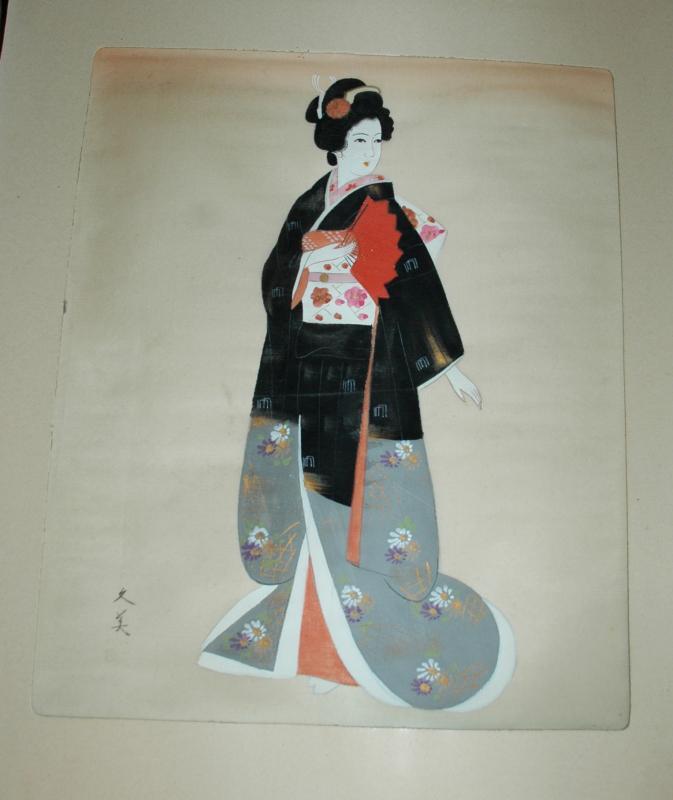 Japanese Silk Painting Bejin Geisha , Signed. 21.5